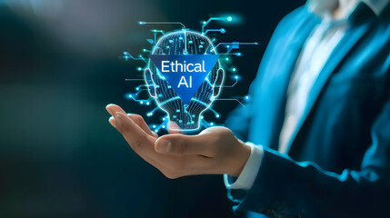 Wall Mural - A business professional holding out their hand with the words Ethical AI 