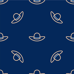 Poster - Line Elegant women hat icon isolated seamless pattern on blue background. Vector