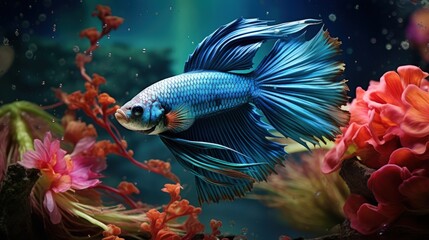 A blue fish swimming in a tank with red flowers