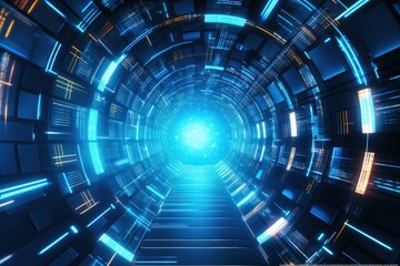 Wall Mural - a blue tunnel with orange and yellow lights