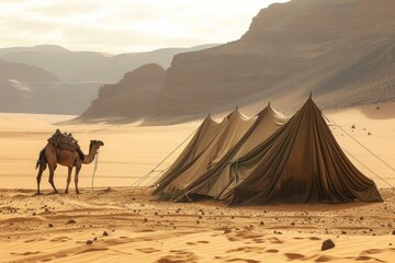 Wall Mural - Tranquil scene of a traditional tent and camel in the vast desert at dusk