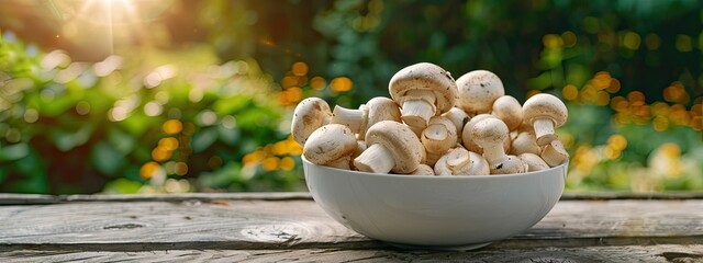 mushrooms in a white bowl on a wooden table. Selective focus