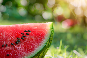 A detailed shot of a slice of juicy watermelon with seeds, with a blurred background of a summer picnic, plenty of copy space for text 