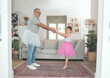 © peopleimages.com - Portrait, girl and dancing with grandfather in family home for play, fun and dress up. Elderly man, kid and support or trust in lounge on weekend together for love, happiness and crazy or comedy