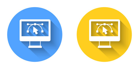 White Computer display with vector design program icon isolated on isolated with long shadow background. Photo editor software with user interface. Circle button. Vector