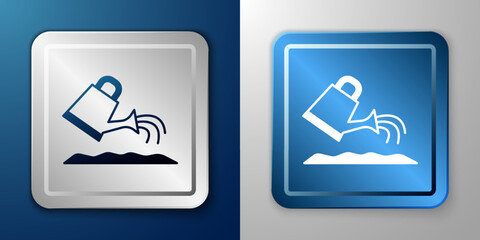 Poster - White Watering can icon isolated on blue and grey background. Irrigation symbol. Silver and blue square button. Vector