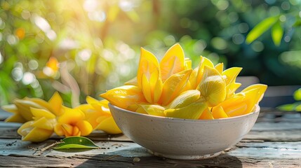 Poster - Carambola in a bowl in a white bowl on a wooden table. Selective focus