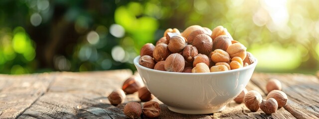 Poster - macadamia nut in a bowl in a white bowl on a wooden table. Selective focus