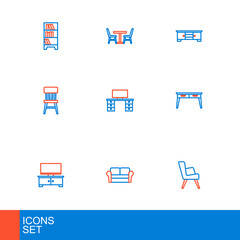 Sticker - Set line Armchair, Sofa, TV table stand, Office desk, Chair, and Table with icon. Vector