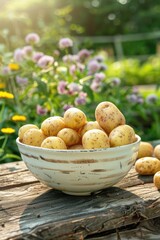 Poster - potatoes in a bowl in a white bowl on a wooden table. Selective focus