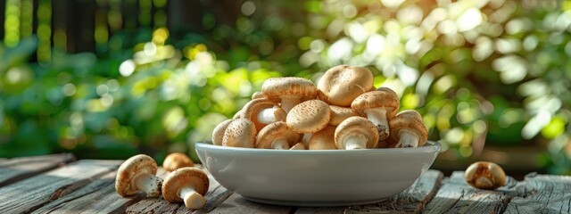 Wall Mural - mushrooms in a white bowl on a wooden table. Selective focus