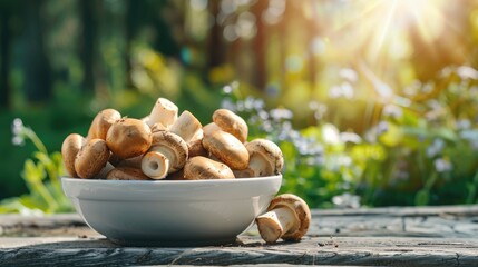 Wall Mural - mushrooms in a white bowl on a wooden table. Selective focus