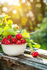 Wall Mural - fresh radish in a bowl in a white bowl on a wooden table. Selective focus