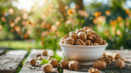 Wall Mural - walnuts in a bowl in a white bowl on a wooden table. Selective focus