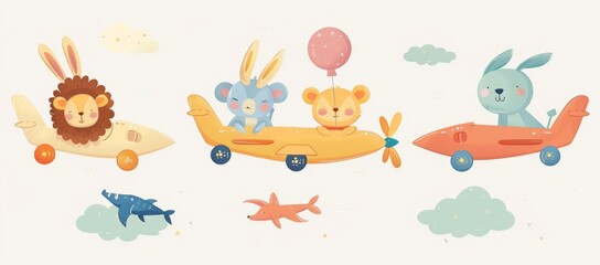 Wall Mural - Isolated modern illustration of cute animals on planes.
