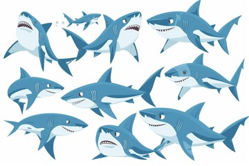 Cartoon illustration of cute sharks in different poses. Baby underwater animal laughing, sleeping, swimming, smiling, being sad, scared, and angry on white background. Marine animal, fish concept.