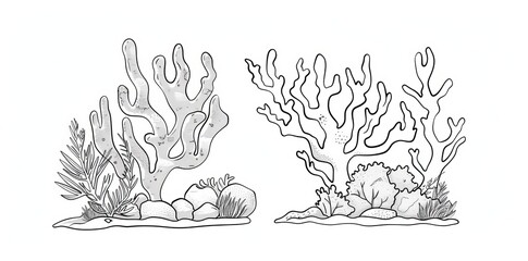 Coral reef cartoon design elements for colouring for children and adults, black outline isolated on white. Sea creature corals black outline isolated on white. Funny tropical ocean coral reef cartoon