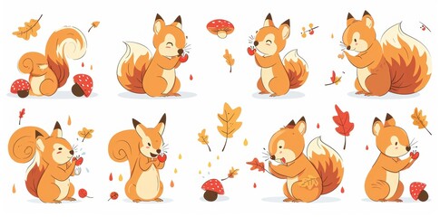 Wall Mural - Set of cute squirrel characters, holding an acorn, a heart, and berries