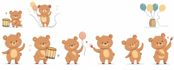 Canvas Print - Cute cartoon bear character, cute cartoon teddy mascots, cute comic zoo animals in various poses, adorable furry grizzly. Modern flat set.
