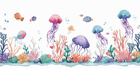 Wall Mural - Cartoon coral and jellyfish illustration set on white background. Ocean water bottom life image. Aquatic world creature and shell reef.