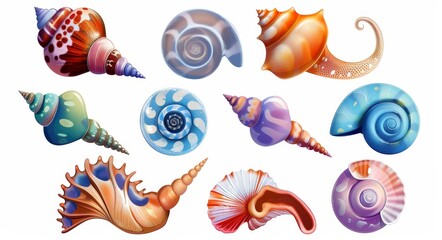 Sticker - Modern illustration set of cute seashells for rpg gui designs. Colorful nautical or aquarium spiral and scallop conch.