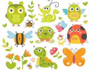 Wall Mural - Funny cartoon insect character set with butterflies, bees, frogs, owls, snails, ladybugs. Spring and summer modern illustrations for kids.