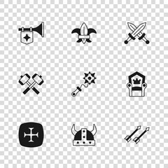 Sticker - Set Viking in horned helmet, Medieval throne, arrows, Mace with spikes, Crossed medieval sword, Trumpet flag, Fleur de lys lily flower and battle hammers icon. Vector