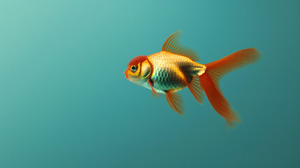 A lovely goldfish swimming gracefully on a flat, aqua blue background.