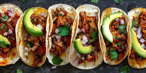 Wall Mural - Overhead view of Mexican street tacos with pork avocado onion cilantro. Concept Food Photography, Authentic Mexican Cuisine, Street Tacos, Fresh Ingredients