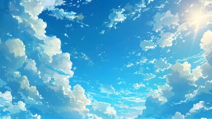 Wall Mural - vibrant blue sky adorned with fluffy white clouds, creating a dynamic and expansive atmosphere anime