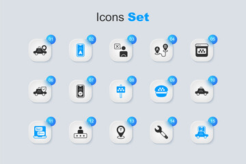 Poster - Set Wrench spanner, Taxi mobile app, Infographic of city map, car, Location taxi and Road sign for stand icon. Vector