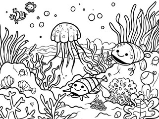 Embryos swim among algae and other fish on the seabed. Raster children coloring book.