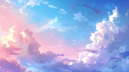 Wall Mural - vibrant blue sky adorned with fluffy white clouds, creating a dynamic and expansive atmosphere anime