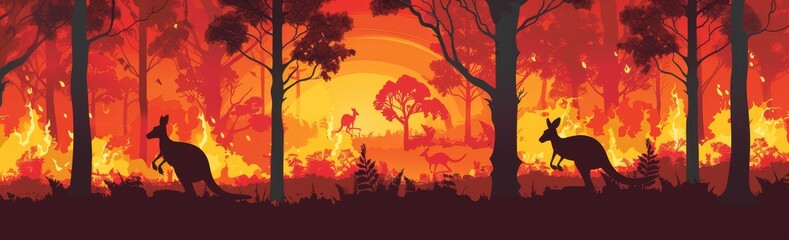 Kangaroos running away from forest fires in Australia animals dying of wildfire bushfire burning trees natural disaster concept illustration of intense orange flames