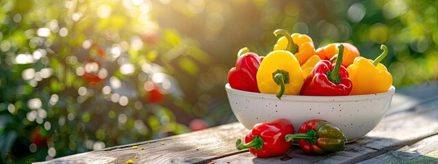 Poster - fresh pepper in a bowl in a white bowl on a wooden table. Selective focus