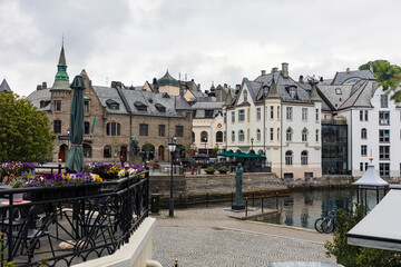 Wall Mural - Norway Aalesund city view on a cloudy summer day.