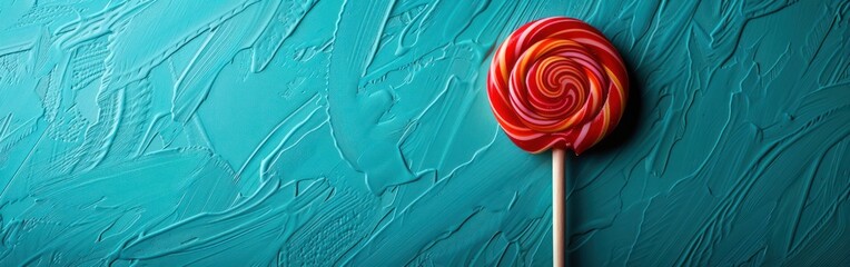 Wall Mural - Delicious Red and White Striped Lollipop on Turquoise Background - Closeup Candy Photography