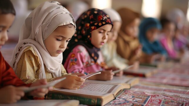 Young children learning to read the Quran during Ramadan, depicting a touching scene of religious education and devotion.