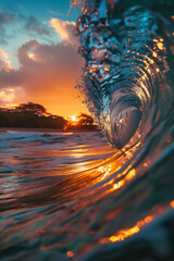 Wall Mural - Close-up image of a high swirling ocean wave with spray and foam in the light of the sunset sun