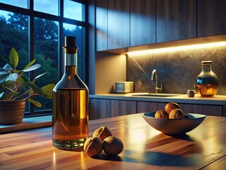 Poster - Walnut oil in a bottle next to walnuts on a table in a modern kitchen , walnut, oil, bottle, table, kitchen, organic, healthy, food, natural, ingredient, cooking, culinary, gourmet, wood