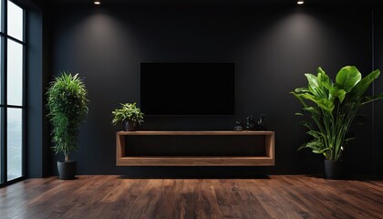 a dark room with plants and a black background