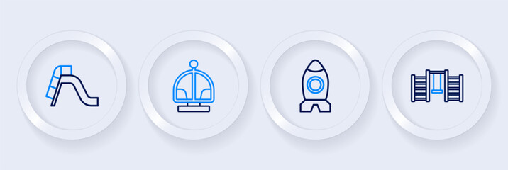 Poster - Set line Swedish wall, Rocket ship toy, Attraction carousel and Slide playground icon. Vector