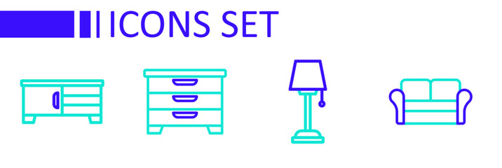 Poster - Set line Sofa, Floor lamp, Chest drawers and TV table stand icon. Vector