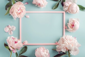 Wall Mural - Beautiful flowers composition. Blank frame for text, pink rose flowers on pastel pink background. Valentine's Day, Easter, Birthday, Happy Women's Day, Mother's Day. Flat lay, top view, copy space,