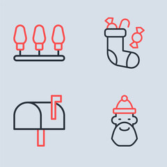 Wall Mural - Set line Christmas stocking, Mail box, Santa Claus hat and beard and lights icon. Vector