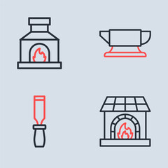 Sticker - Set line Blacksmith anvil tool, Rasp metal file, oven and icon. Vector