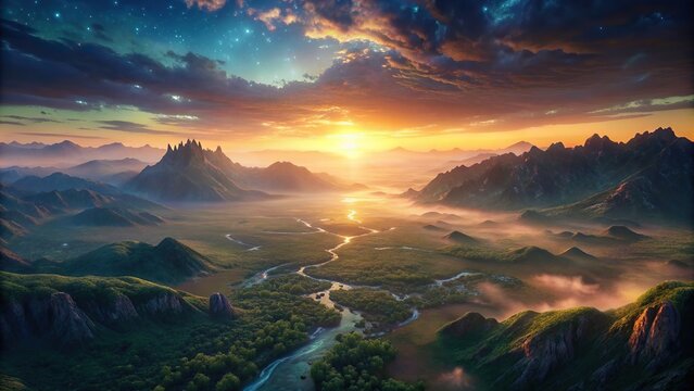 Aerial view of landscape flying over wilderness and stream towards the sunrise or sunset, aerial, landscape, flying, wilderness, stream, sunrise, sunset, nature, beauty, scenic, tranquil
