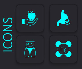 Sticker - Set Magnesium, Apple, Human stomach health and Metabolism icon. Black square button. Vector