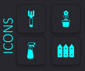 Poster - Set Garden fence wooden, pitchfork, Flower in pot and sprayer water icon. Black square button. Vector