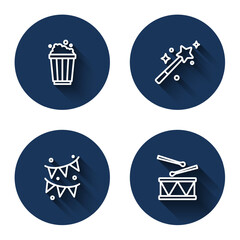 Poster - Set line Popcorn in cardboard box, Magic wand, Carnival garland with flags and Drum drum sticks with long shadow. Blue circle button. Vector